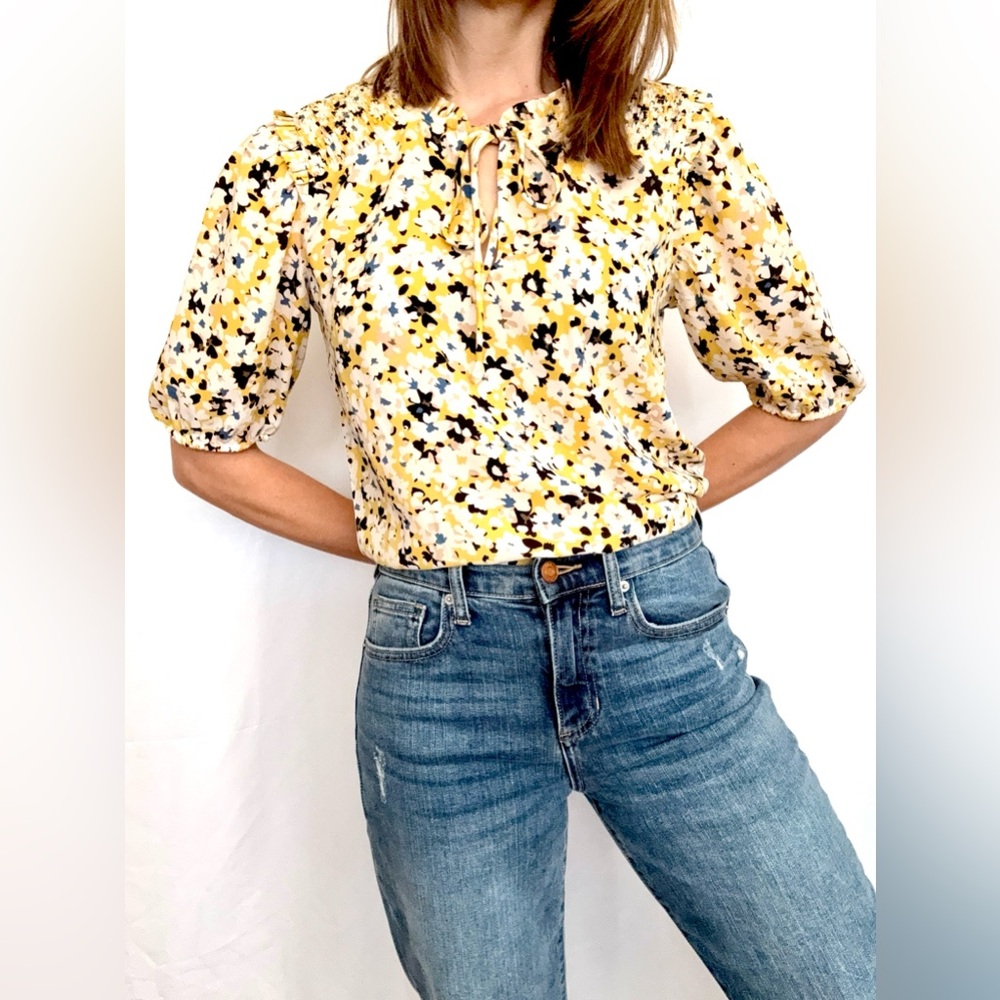 Ann Taylor floral ruched tie neck blouse yellow white blue black pink size XXS
